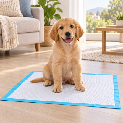 Cachorro golden retriever sentado sobre un pad absorbente en un living