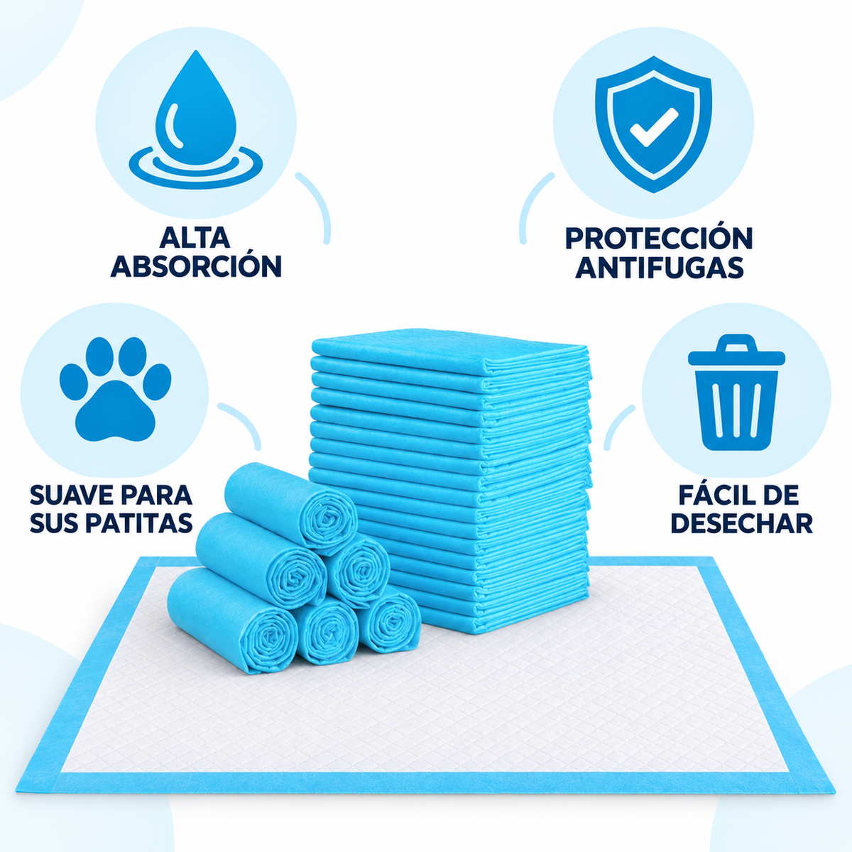 Infografía de beneficios: alta absorción, protección antifugas, suave para sus patitas, fácil de desechar