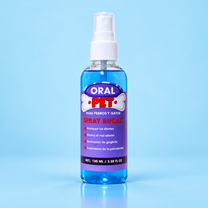 Spray bucal OralPet para perros y gatos sobre fondo celeste