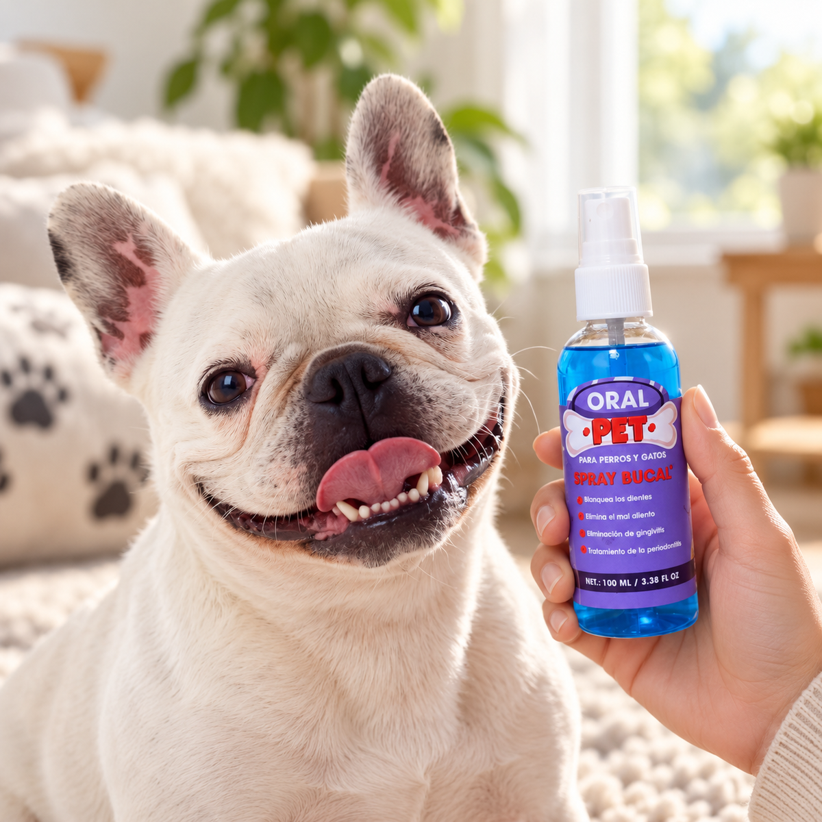 Bulldog francés junto a su dueño sosteniendo el spray bucal OralPet