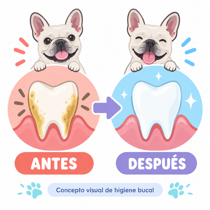 Infografía antes y después mostrando dientes con sarro y dientes limpios tras usar OralPet